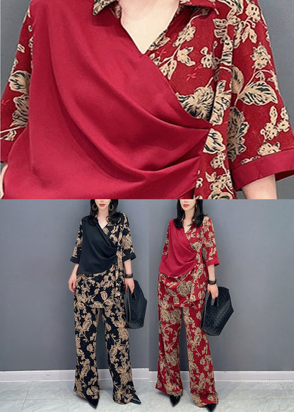 Red Print Patchwork Top and Wide Leg Pants Two Pieces Set Long Sleeve