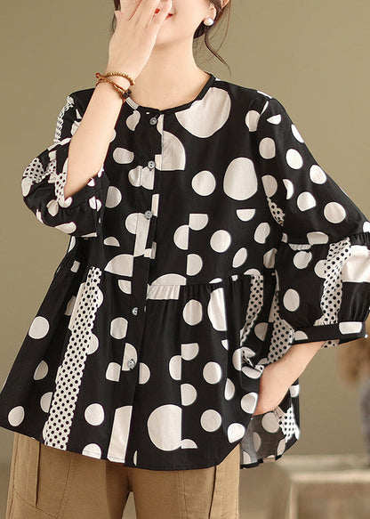 Black Dot Patchwork Button Shirt Spring