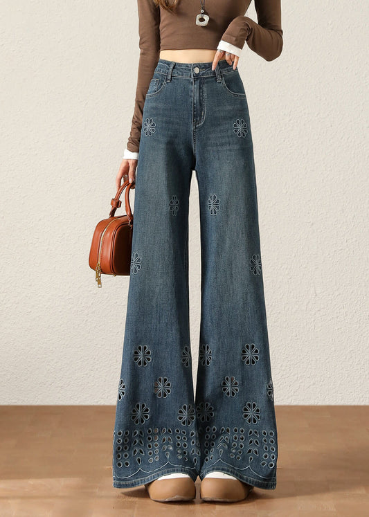 Navy Hollow Out Flower Denim Pants Spring