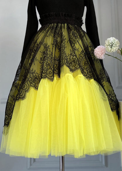 Yellow Lace Elastic Waist Patchwork Tulle Skirts Summer