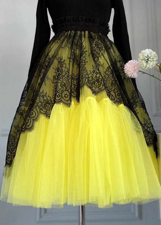 Yellow Lace Elastic Waist Patchwork Tulle Skirts Summer