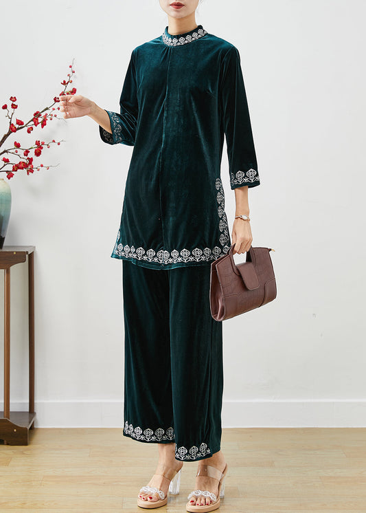 Peacock Green Embroideried Silk Velour Two Piece Set Bracelet Sleeve