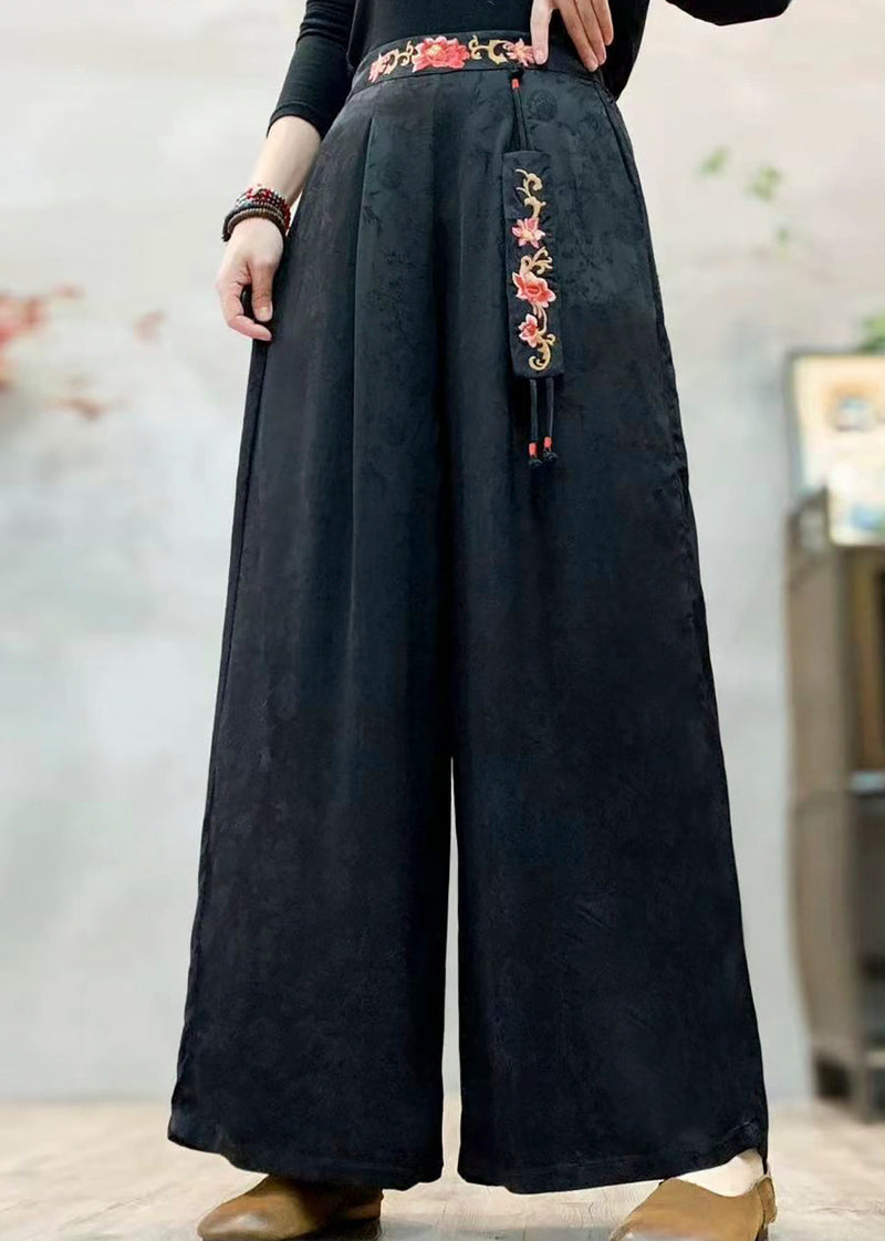 Tea Green Embroidered Jacquard Silk Pants Spring