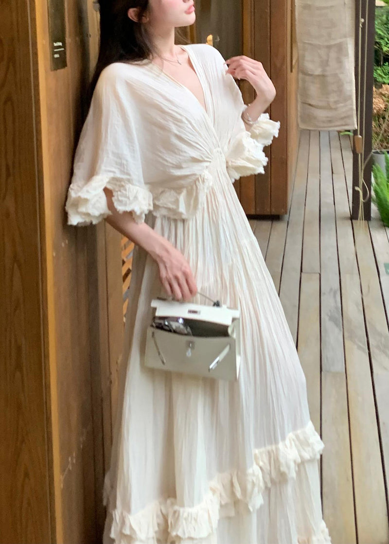 French Beige Ruffled Patchwork Cotton Long Dresses Summer