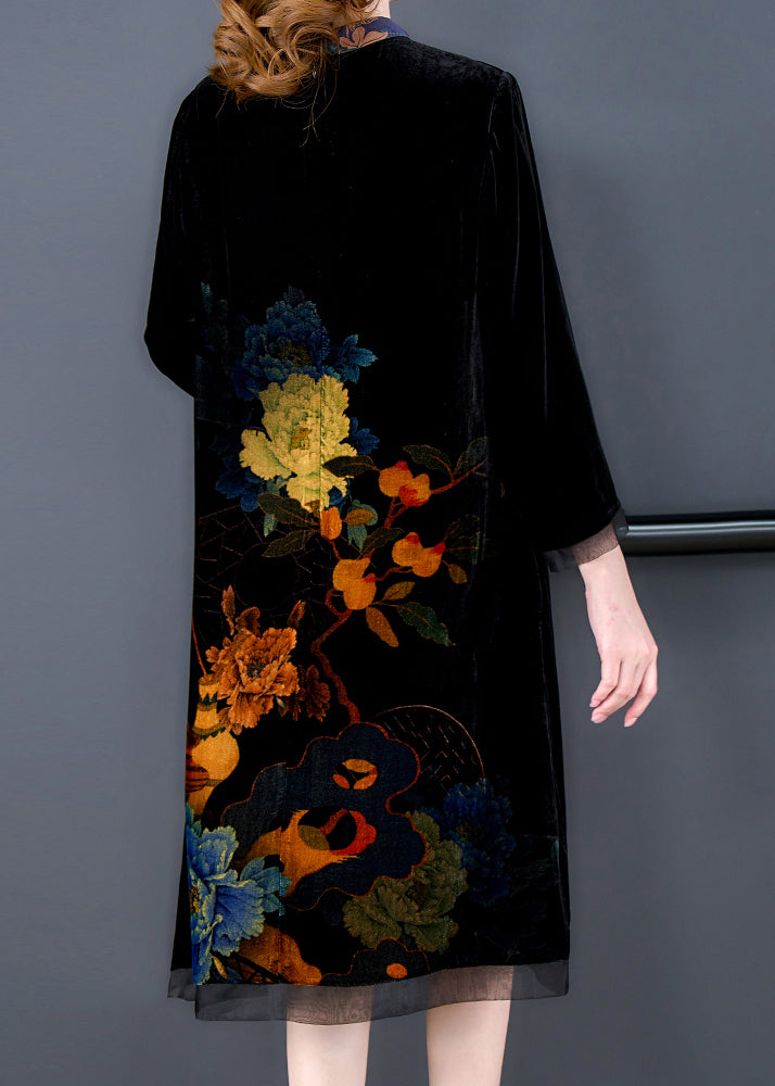 Green Tasseled Lotus Print Silk Velour Dress Bracelet Sleeve