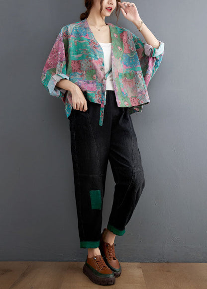 V Neck Button Pockets Print Fall Coats Long Sleeve