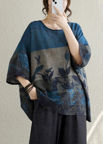 Navy Oversized Print Linen Tanks Summer