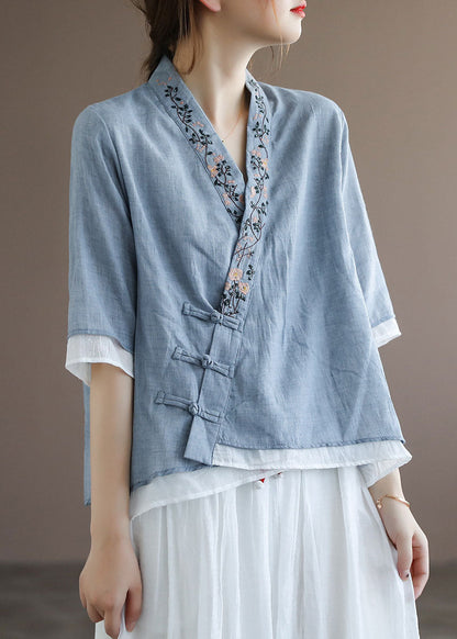Chinese Style Lake Red Polka Dotsv Neck Double-deck Cotton Top Half Sleeve