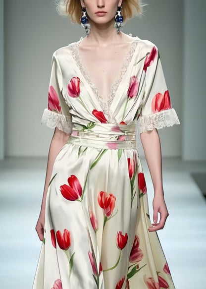 White Print Patchwork Lace Long Dress Summer
