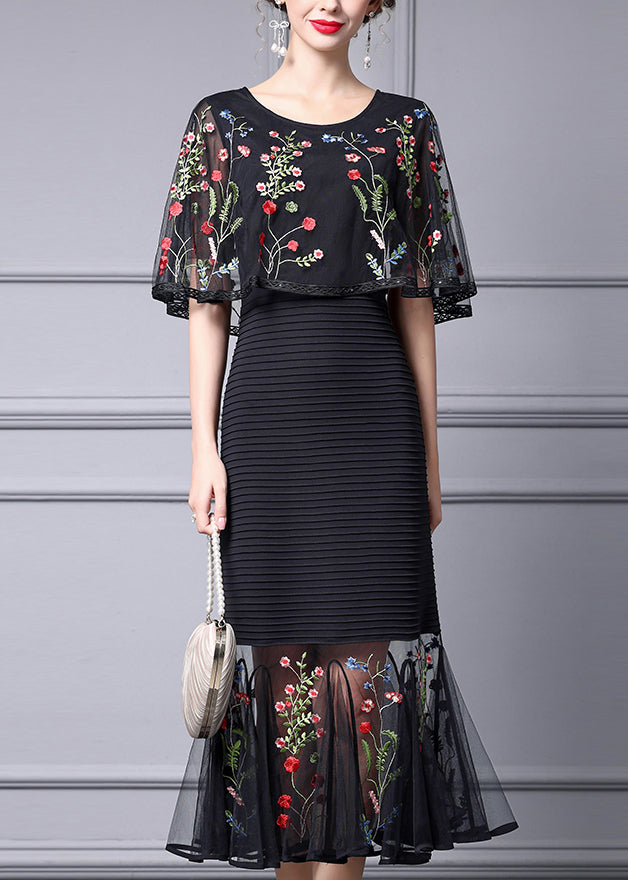 Fine Black Cape Style Dresses Multicolor Embroidered Summer