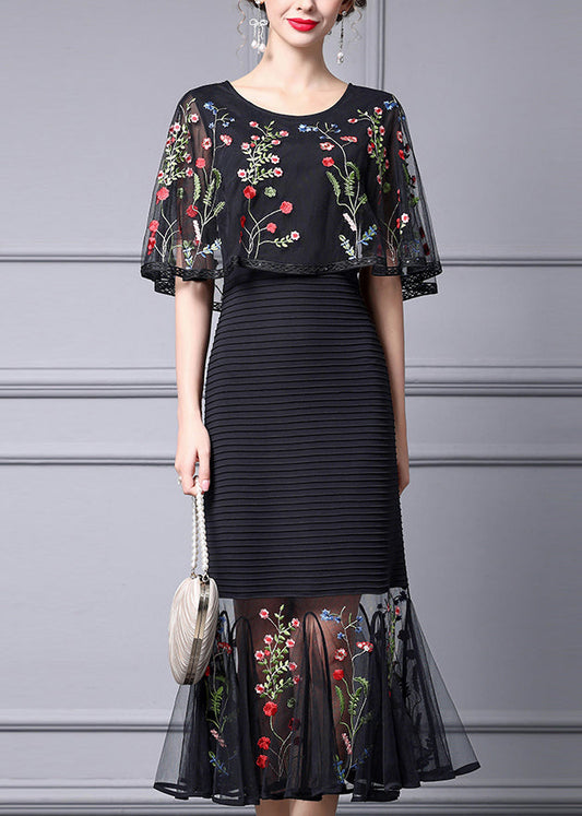 Fine Black Cape Style Dresses Multicolor Embroidered Summer