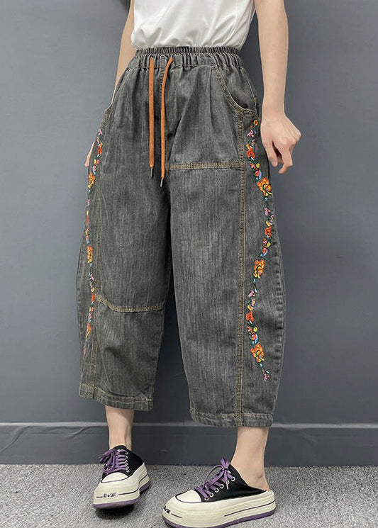 Dark Gray Embroideried Elastic Waist Denim Crop Pants Spring