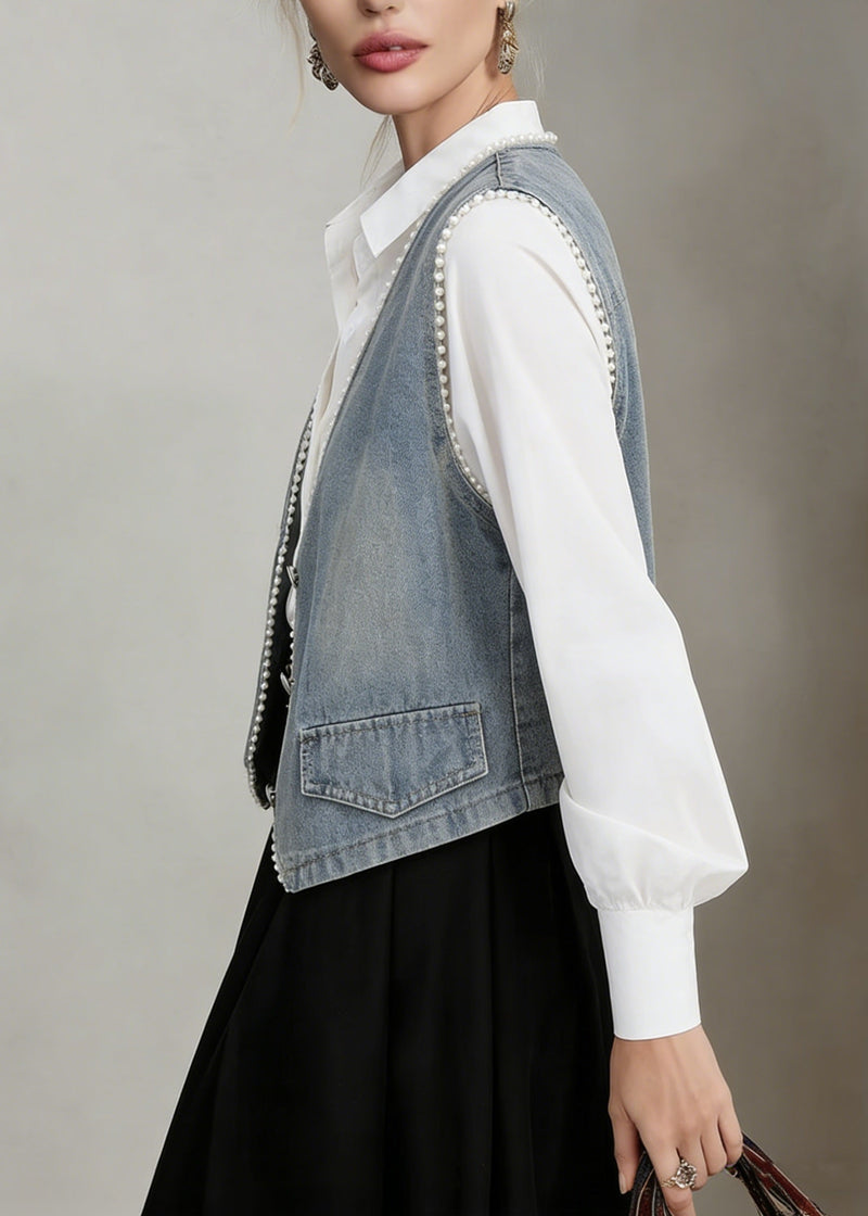 Blue V Neck Pearl Edge Patchwork Denim Vest Sleeveless