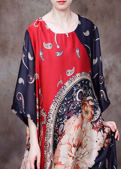 Red O-neck Asymmetrical Print Silk Holiday Dress Half Sleeve