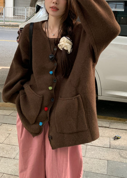 Coffee Pockets Button Cotton Knit Sweaters Coats Fall