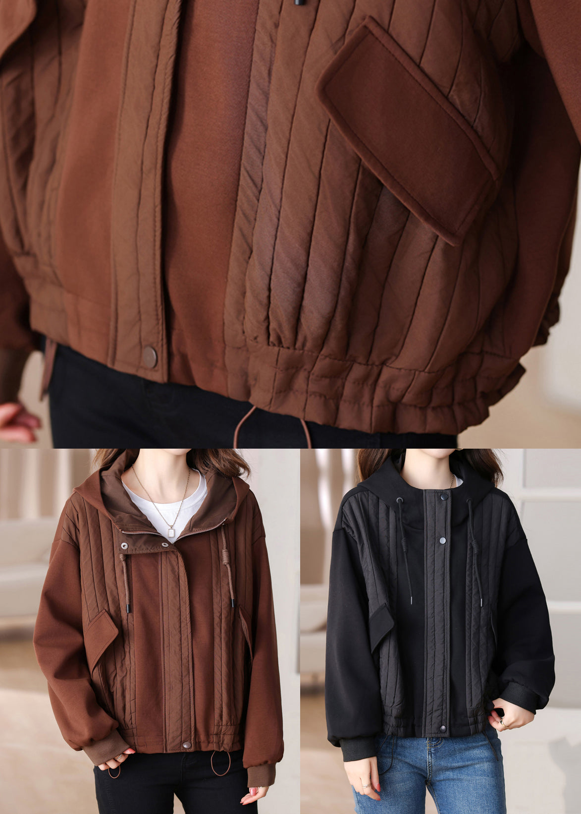 Coffee Patchwork Cotton Hoodie Coat Drawstring Winter
