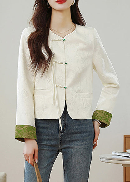 Beige O Neck Print Button Silk Coats Fall