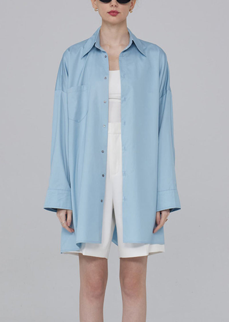 Blue Button Pockets Patchwork Cotton Blouses Fall