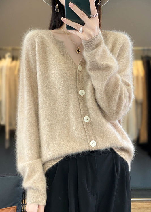 Simple Camel V Neck Button Cashmere Cardigan Long Sleeve