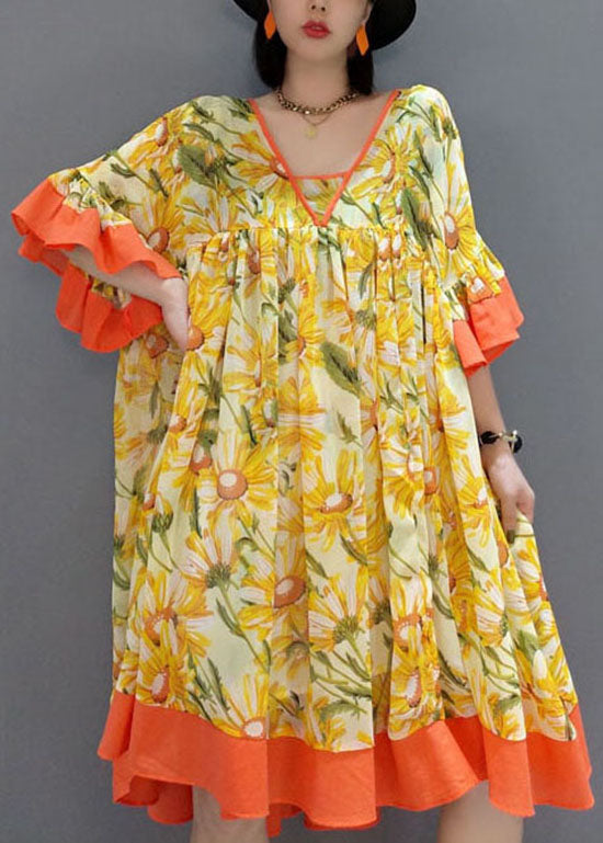 Orange V Neck Wrinkled Print Chiffon Dress Flare Sleeve