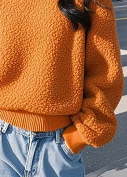 Orange Stand Collar Zip Up Fluffy Sweatshirt Winter