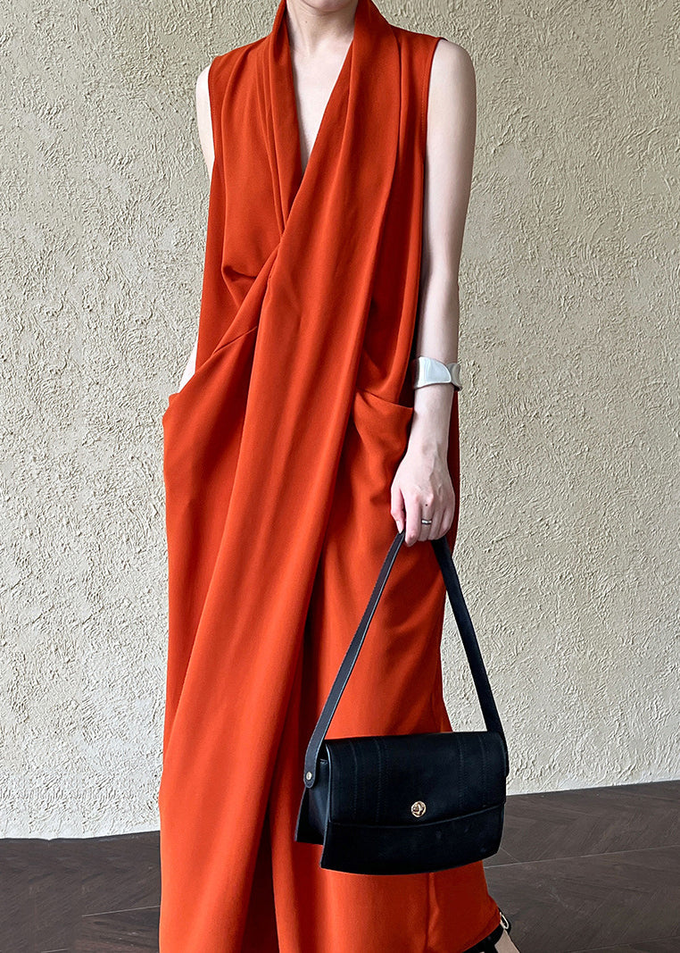 Italian Orange V Neck Pockets Cotton Long Dress Sleeveless