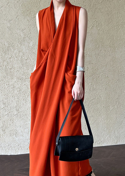 Italian Orange V Neck Pockets Cotton Long Dress Sleeveless