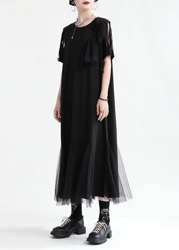 Art Black Patchwork Tulle Summer Tie Waist Dress Short Sleeve