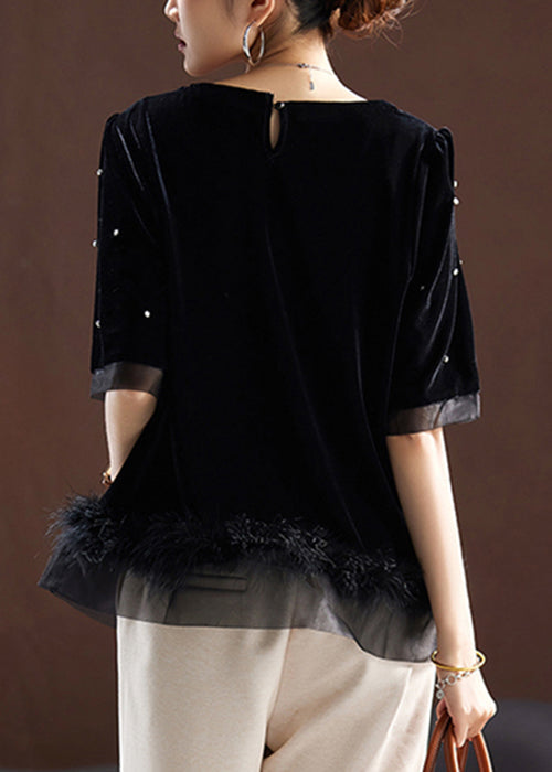 Black Zircon Fluffy Patchwork Silk Velour T Shirt Short Sleeve