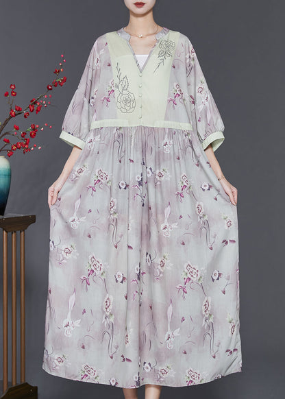 Light Purple V Neck Print Linen Dress Summer