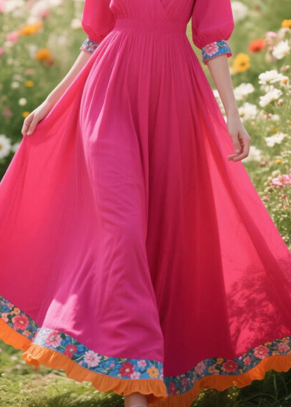 Rose V Neck Patchwork Cotton Vacation Dresses Summer
