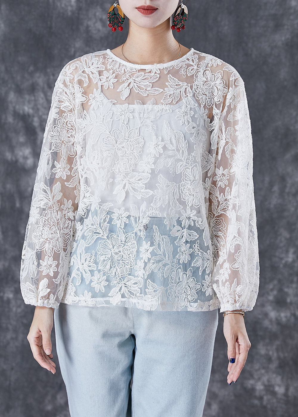 Italian White Embroideried Hollow Out Tulle Two Piece Set Fall
