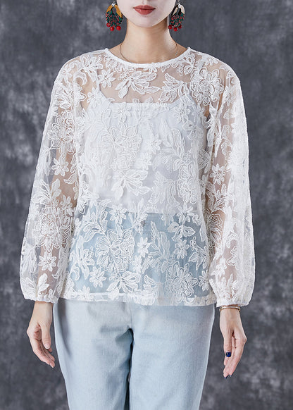 Italian White Embroideried Hollow Out Tulle Two Piece Set Fall