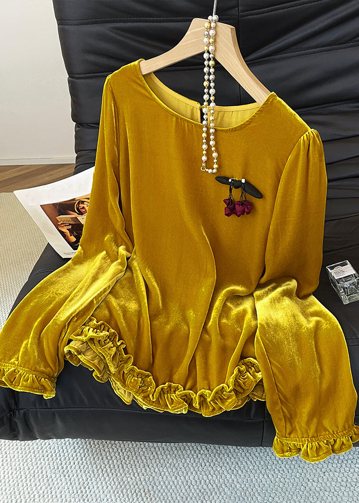 Yellow O Neck Ruffled Silk Velour T Shirt Fall