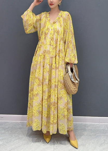 Yellow V Neck Ruffled Print Chiffon Long Dresses Fall