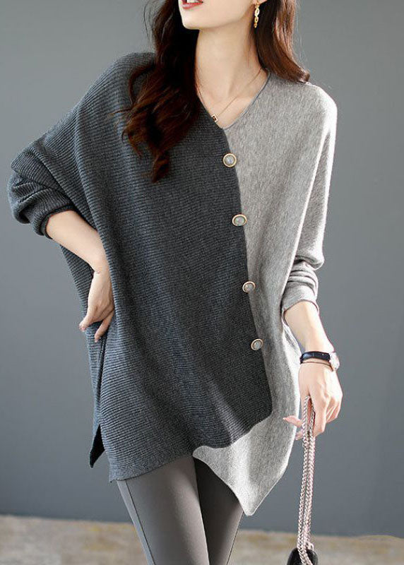 Grey Asymmetrical Patchwork Knit Shirt Winter