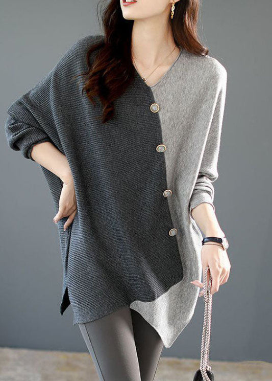 Grey Asymmetrical Patchwork Knit Shirt Winter