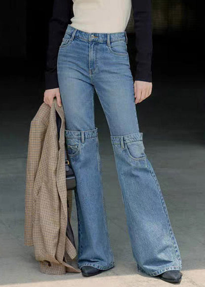 Blue High Waist Patchwork Flared Jeans Spring