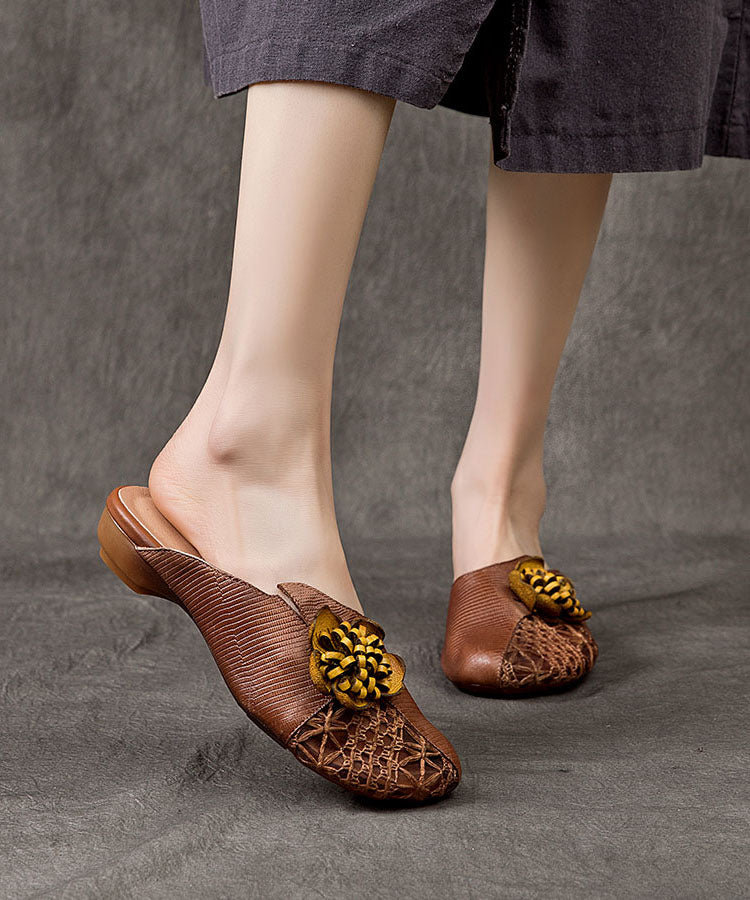 Coffee Cowhide Leather Splicing Slide Sandals