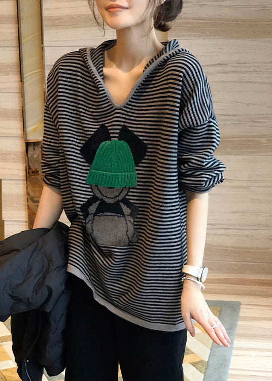 Black Striped Print Hooded Patchwork Cotton Top Fall