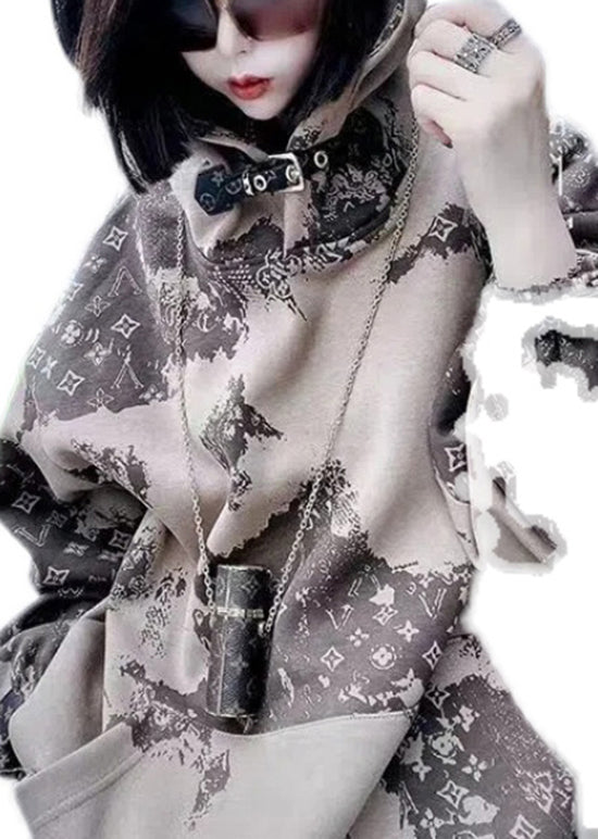 Khaki Hooded Print Warm Fleece Two Pieces Set Winter