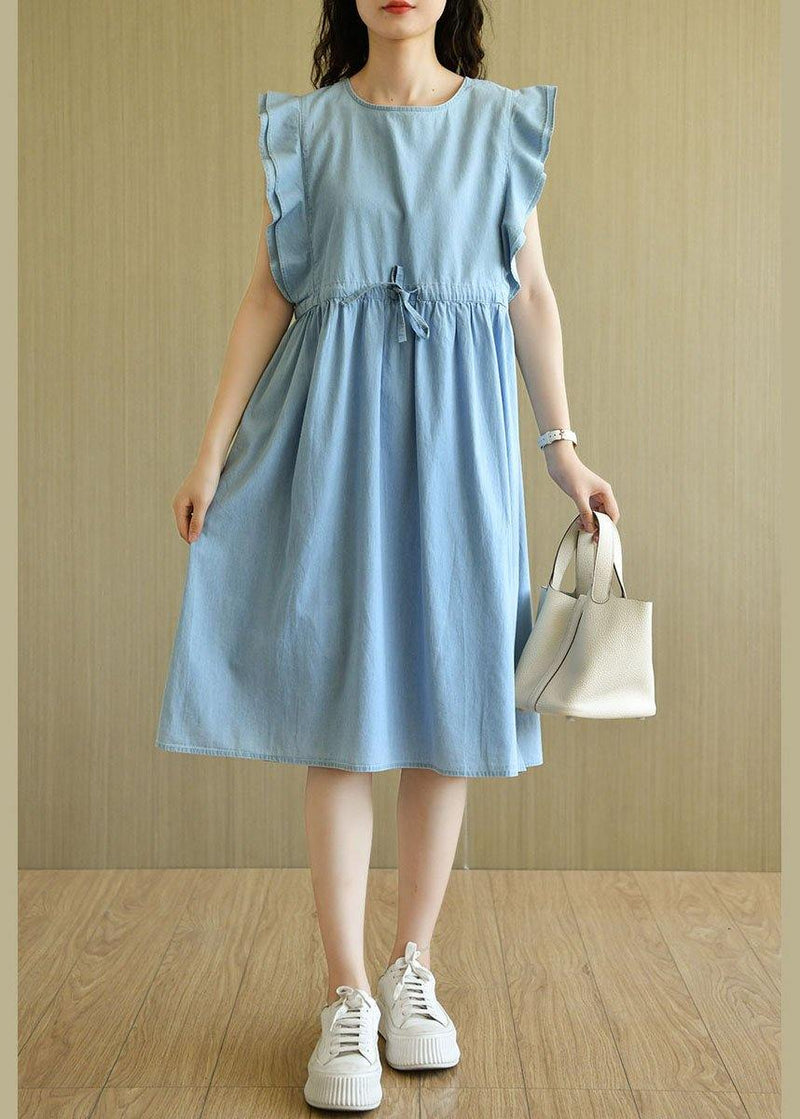Denim Light Blue O-necktie Waist Summer Cotton Dresses Sleeveless