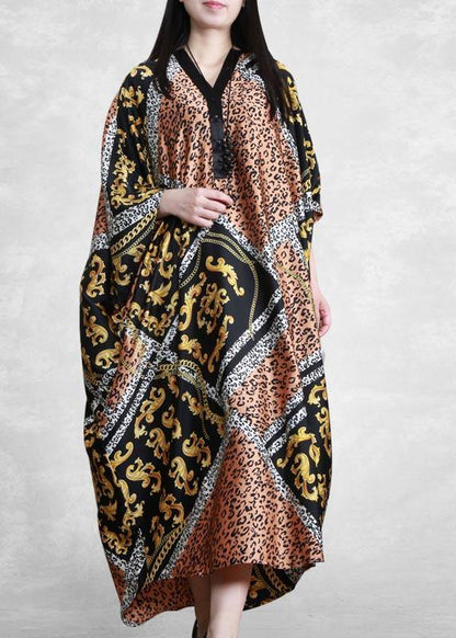 Yellow Print Dresses V Neck Batwing Sleeve Maxi Dresses