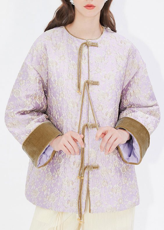Stylish Purple O-neck Button Silk Velour Patchwork Coats Spring