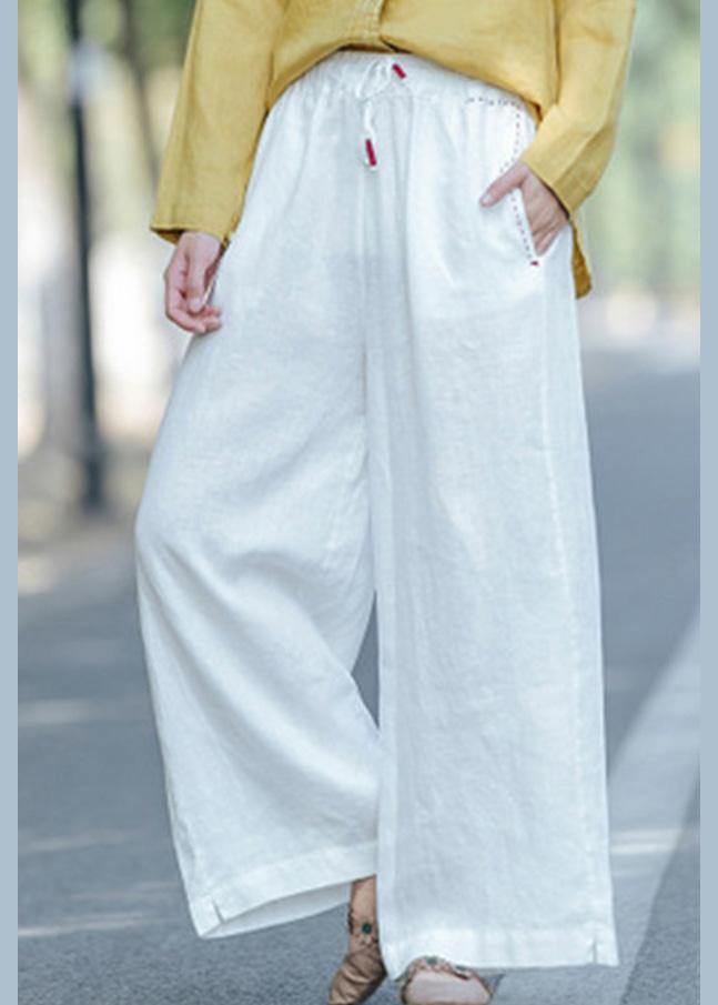 Literature White Loose Straight Elastic Waist Lace Up Wide Leg Pants