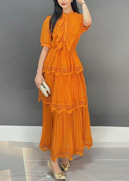 Orange Button Wrinkled Long Dress Summer