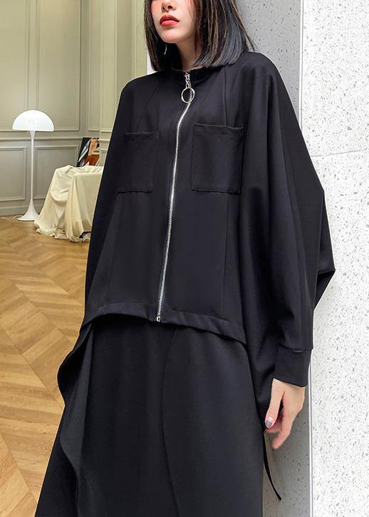Loose Black Pockets Zippered Jackets Spring