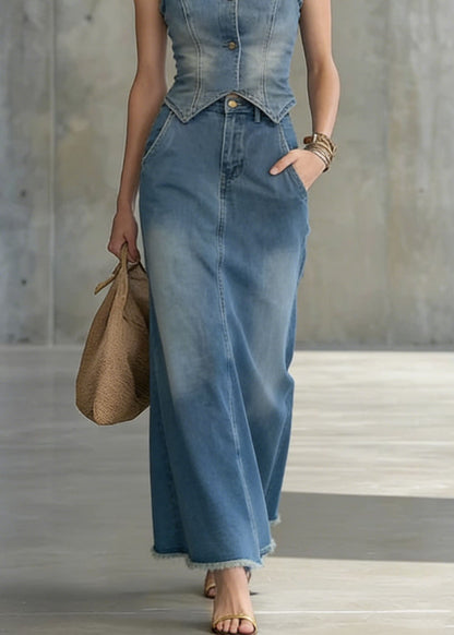 Blue Vest and Skirts Denim Two Pieces Set Summer