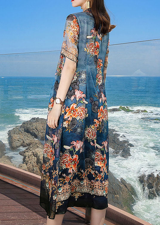 Fine Blue V Neck Print Silk Fake Two Piece Vacation Dresses Short Sleeve