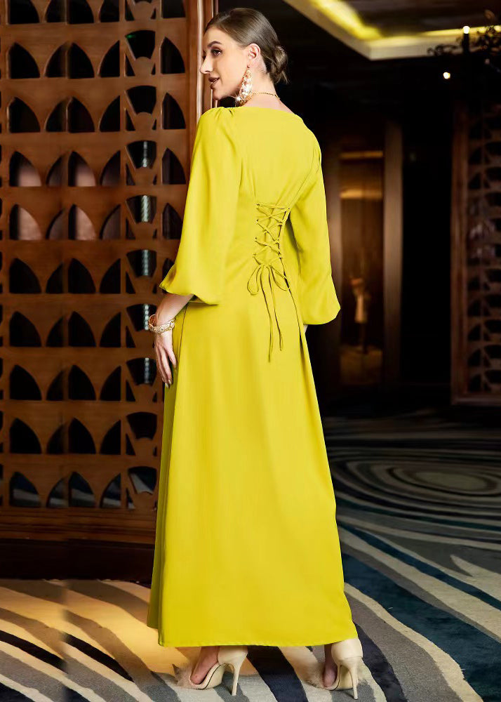 Diy Yellow Patchwork Beaded Light Silk Dress Fall